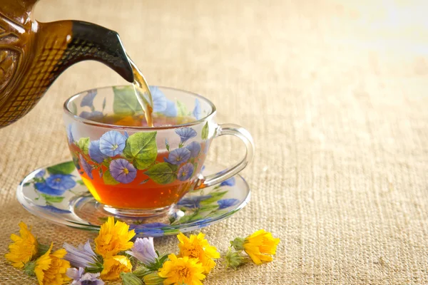 Gießen Sie den Tee in einen Becher aus dem Wasserkocher — Stockfoto