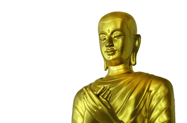 Gouden Boeddha gezicht op witte achtergrond met uitknippad — Stockfoto