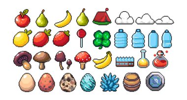 8-bit piksel grafik simgeleri seti. İzole vektör çizimi. Meyve, iksir, iksir, mantar, yumurta