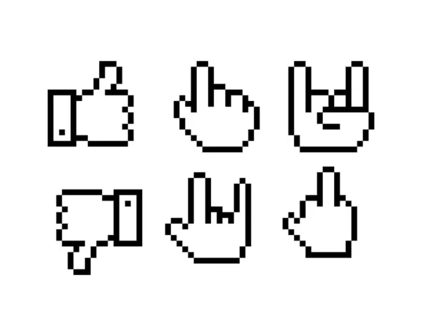 8-bit piksel grafik simgeleri seti. İzole vektör çizimi. Oyun sanatı. siyah ve beyaz resim, el hareketleri.
