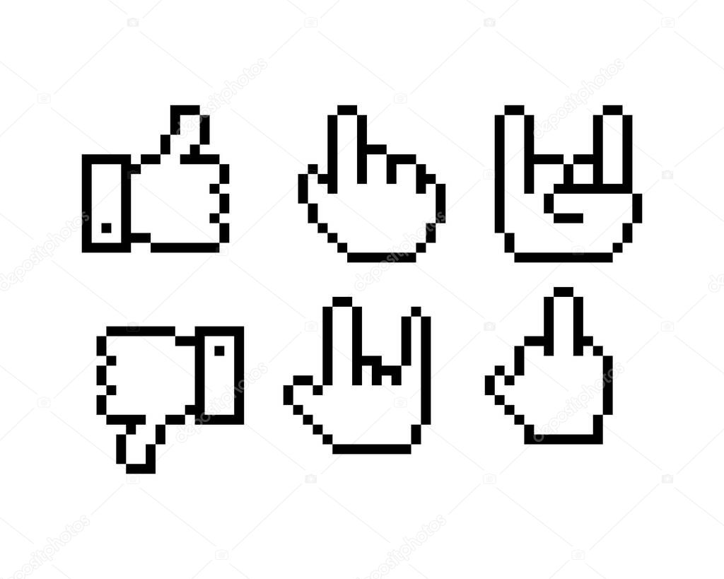 Set of 8-bit pixel graphics icons. Isolated vector illustration. Game art. black and white image, hand gestures.