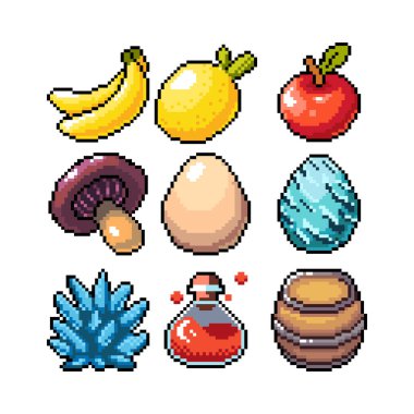 8-bit piksel grafik simgeleri seti. İzole vektör çizimi. Meyve, iksir, iksir, mantar, yumurta