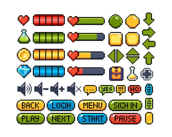 Conjunto Iconos Gráficos Píxeles Bits Ilustración Vectorial Aislada Botón Interfaz — Vector de stock
