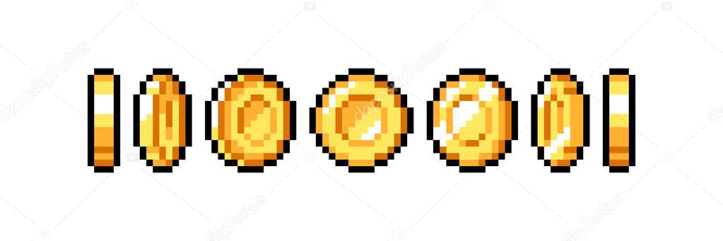 Set of 8-bit pixel graphics icons. Isolated vector illustration. Game art. Coins of gold for animation.