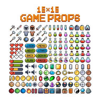 8-bit piksel grafik simgeleri seti. İzole vektör çizimi. Oyun sanatı. Silahlar, mücevherler, iksirler, sandıklar.