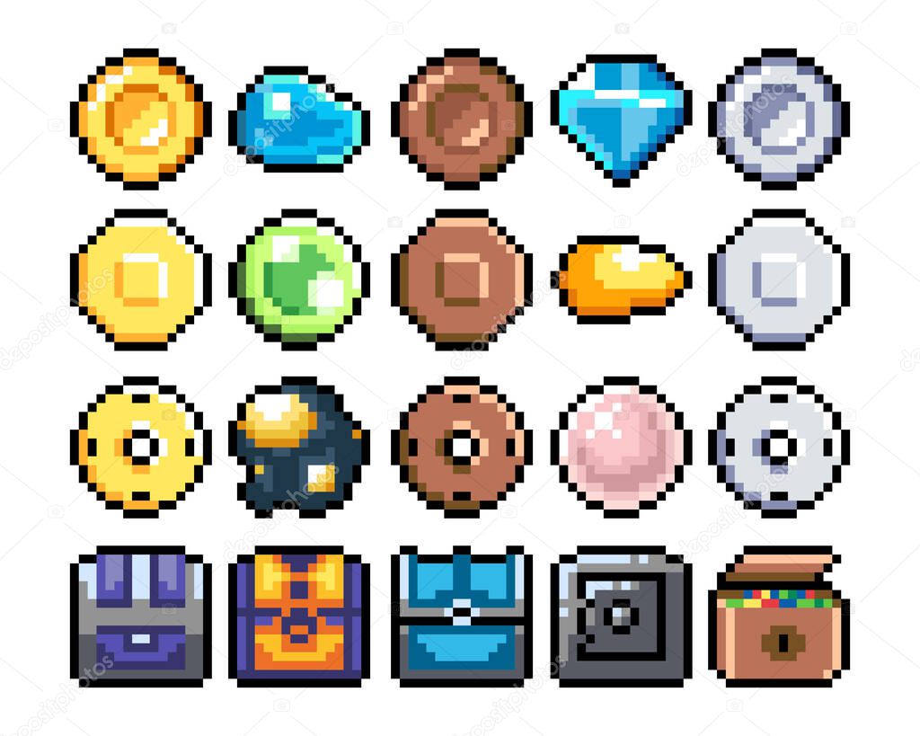 Set of 8-bit pixel graphics icons. Isolated vector illustration. Game art. chests, diamonds, gold, coins.