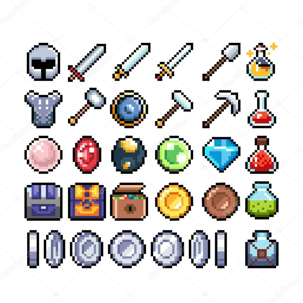 Set of 8-bit pixel graphics icons. Isolated vector illustration. Game art. Weapons, jewelry, potions, chests.