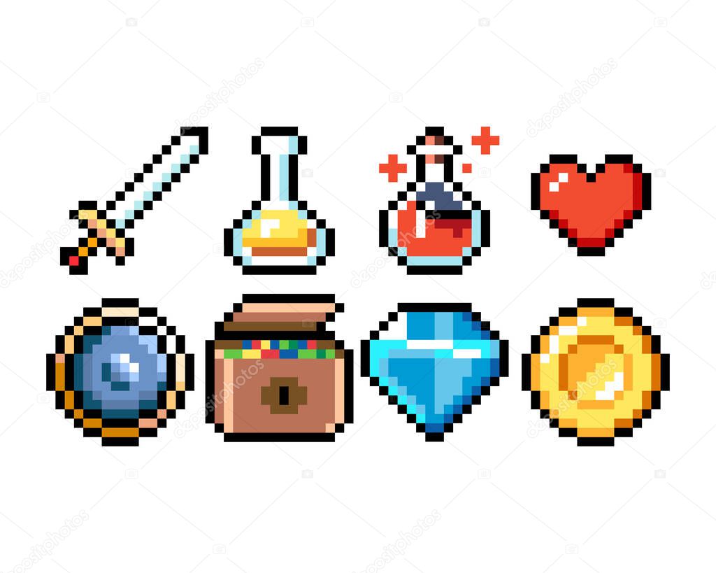 Set of 8-bit pixel graphics icons. Isolated vector illustration. Game art. Weapons, jewelry, potions, chests.