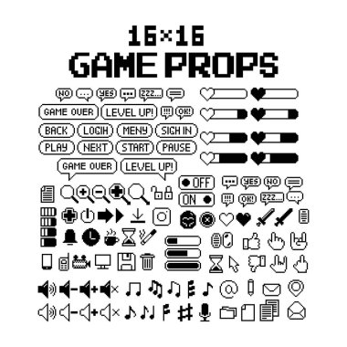 8-bit piksel grafik simgeleri seti. İzole vektör çizimi. Oyun sanatı. siyah beyaz resim, diyalog baloncukları, düğmeler, bilgisayar simgeleri, müzik notaları, müzik.