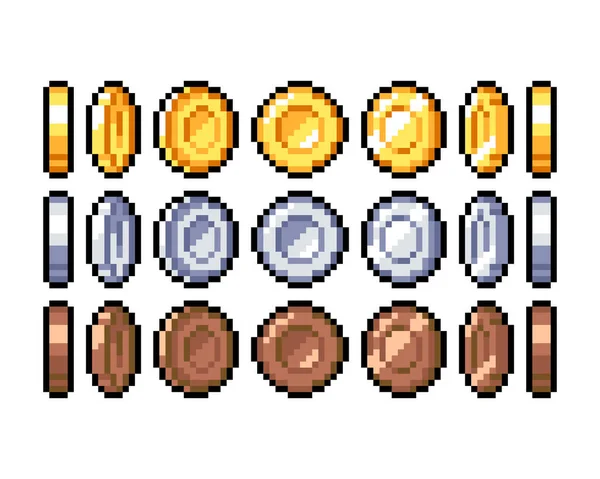 8-bit piksel grafik simgeleri seti. İzole vektör çizimi. Oyun sanatı. Animasyon için altın, gümüş ve bronz sikkeler.