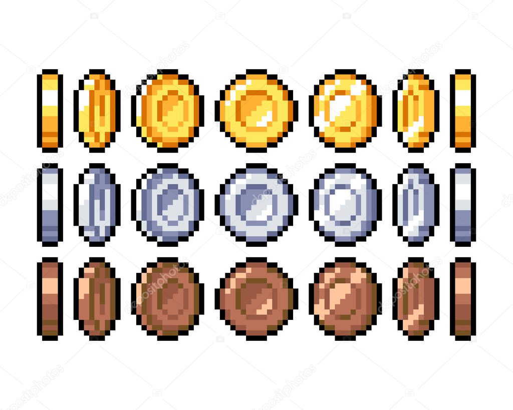 Set of 8-bit pixel graphics icons. Isolated vector illustration. Game art. Coins of gold, silver and bronze, for animation.