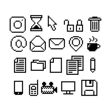 8-bit piksel grafik simgeleri seti. İzole vektör çizimi. Oyun sanatı. siyah ve beyaz resim, bilgisayar simgeleri, imleç, dosyalar, geri dönüşüm kutusu.