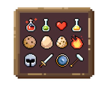 8-bit piksel grafik simgeleri seti. İzole vektör çizimi. Oyun sanatı. Silahlar, mücevherler, iksirler.