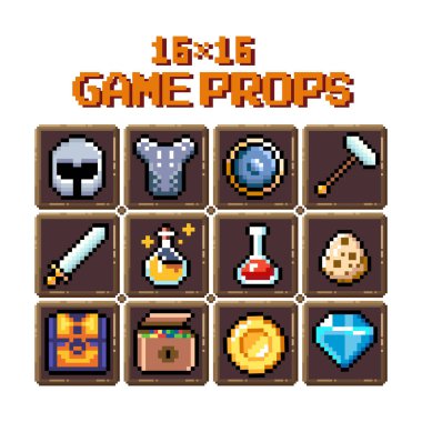 8-bit piksel grafik simgeleri seti. İzole vektör çizimi. Oyun sanatı. İksirler, silahlar, değerli eşyalar..