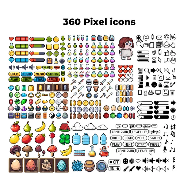 8-bit piksel grafik simgeleri seti. İzole vektör çizimi. Oyun sanatı. Silahlar, mücevherler, iksirler, sandıklar.