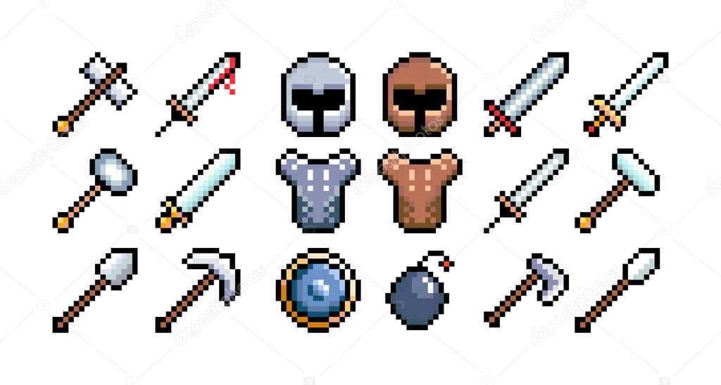 Set of 8-bit pixel graphics icons. Isolated vector illustration. Game art. Weapons, helmet, shield, sword, hammer.