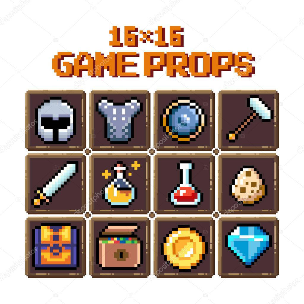 Set of 8-bit pixel graphics icons. Isolated vector illustration. Game art. potions, weapons, valuables.
