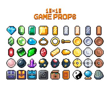 8-bit piksel grafik simgeleri seti. İzole vektör çizimi. Oyun sanatı. Mücevher, mücevher, sandık, elmas, altın.