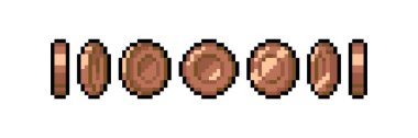 8-bit piksel grafik simgeleri seti. İzole vektör çizimi. Oyun sanatı. Canlandırma için bronz sikkeler.