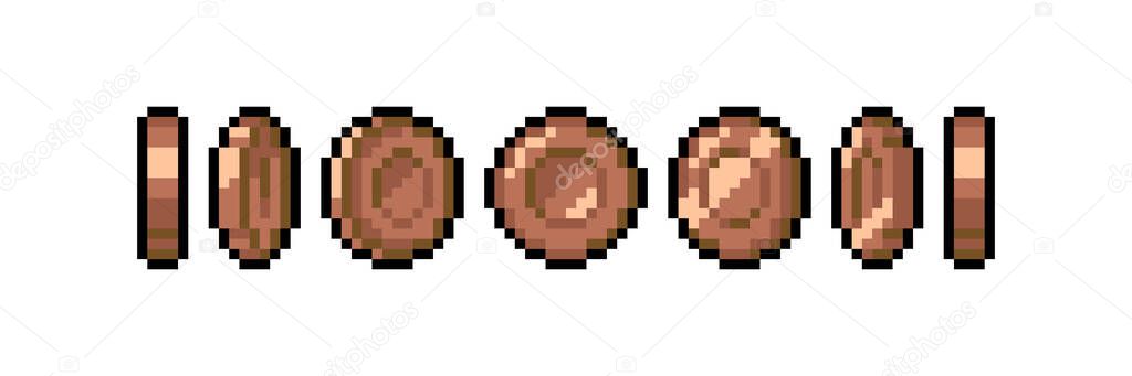 Set of 8-bit pixel graphics icons. Isolated vector illustration. Game art. Coins of bronze for animation.