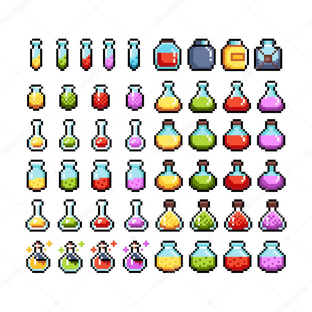 Set of 8-bit pixel graphics icons. Isolated vector illustration. Game art. potions, elixirs.
