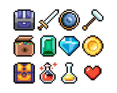 8-bit piksel grafik simgeleri seti. İzole vektör çizimi. Oyun sanatı. İksirler, silahlar, değerli eşyalar..