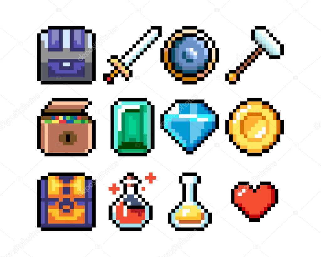 Set of 8-bit pixel graphics icons. Isolated vector illustration. Game art. potions, weapons, valuables.