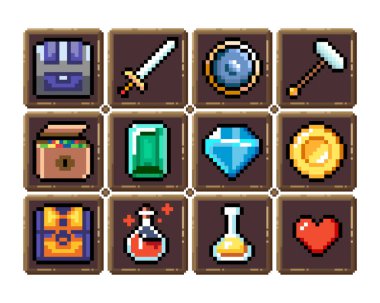8-bit piksel grafik simgeleri seti. İzole vektör çizimi. Oyun sanatı. Silahlar, mücevherler, iksirler, sandıklar.