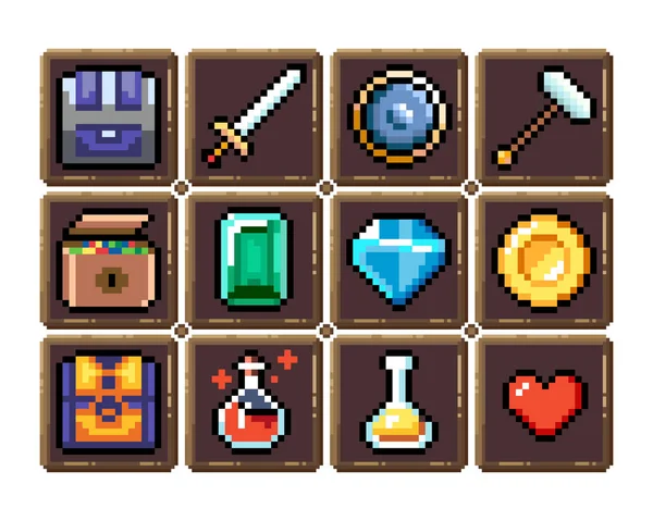 8-bit piksel grafik simgeleri seti. İzole vektör çizimi. Oyun sanatı. Silahlar, mücevherler, iksirler, sandıklar.