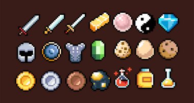 8-bit piksel grafik simgeleri seti. İzole vektör çizimi. Oyun sanatı. Silahlar, mücevherler, iksirler, sandıklar.