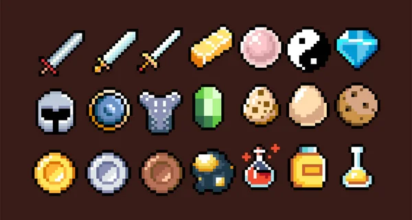 8-bit piksel grafik simgeleri seti. İzole vektör çizimi. Oyun sanatı. Silahlar, mücevherler, iksirler, sandıklar.