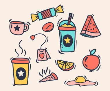 Doodle tarzı el çizimi. Yiyecek ve içecek. İzole vektör illüstrasyonu.