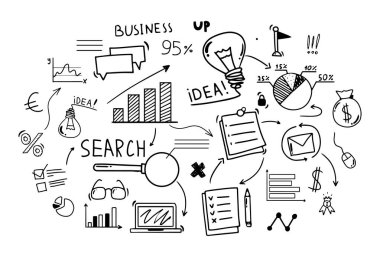 .Doodle tarzı el çizimi. İş bilgisi bilgileri. İzole vektör illüstrasyonu.