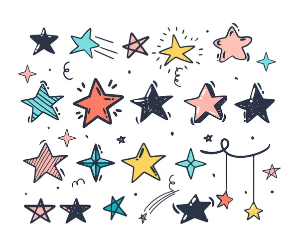 Dibujo a mano estilo Doodle. Estrellas de colores de diferentes formas. Ilustración vectorial aislada — Vector de stock