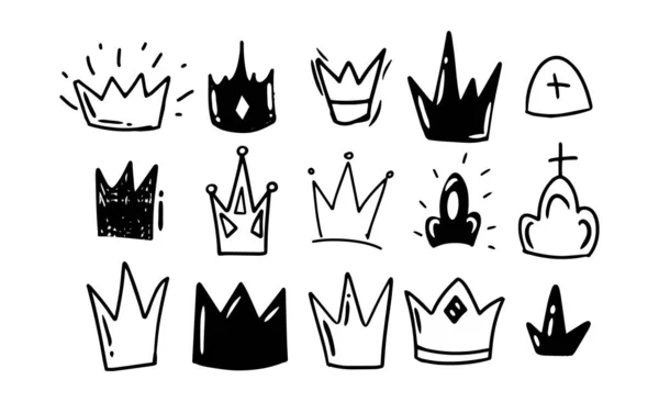 Doodle style hand drawing. Black and white crowns, different shapes. Isolated vector illustration. — Stock Vector