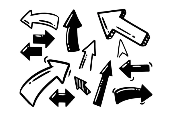 Gekritzelte Handzeichnung. Schwarze und weiße Pfeile in verschiedenen Formen, Zeiger. Isolierte Vektorillustration. — Stockvektor