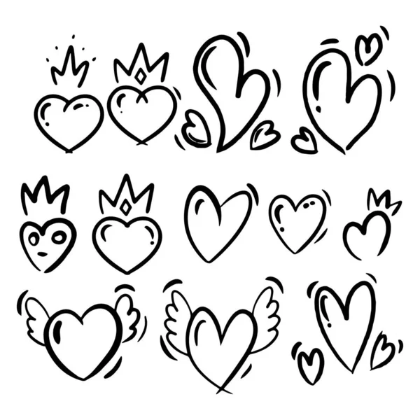 Doodle tarzı el çizimi. Siyah beyaz kalp çizimleri. İzole vektör illüstrasyonu — Stok Vektör