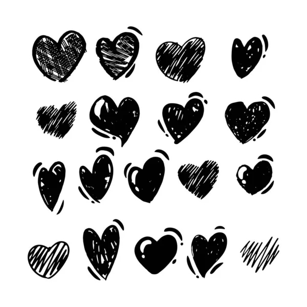 Rysowanie ręczne w stylu Doodle. Czarno-białe rysunki serc. Ilustracja izolowanego wektora — Wektor stockowy