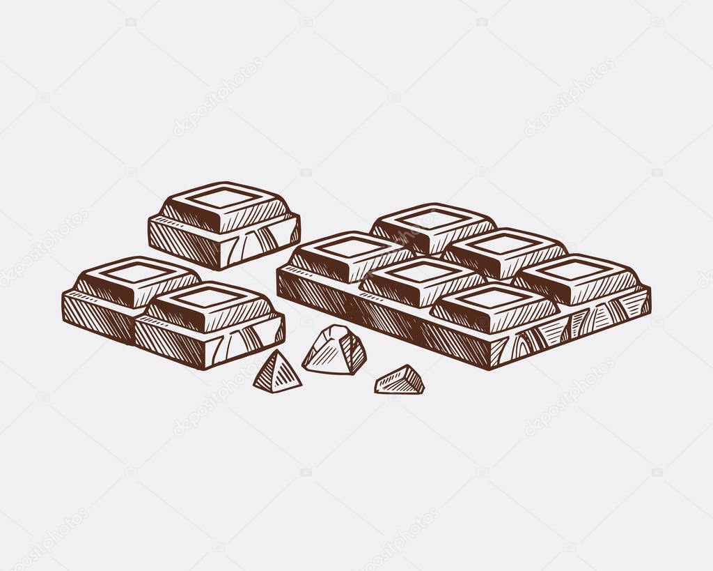 Pieces of black and white chocolate bar. Vector sketch isolated background