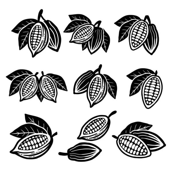 Set Icone Fagioli Cacao Isolato Sfondo Bianco — Vettoriale Stock