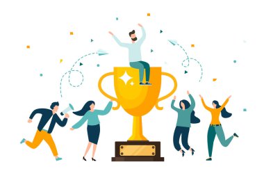 Altın kupa, zaferin sembolü, zaferi kutlayan takım. Modern düz biçim vektör illüstrasyonu.