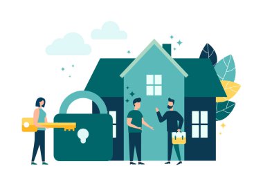 Anahtar gayrimenkul ve kira, ev alımı, güvenlik ve güvenlik. İzole edilmiş arkaplan, düz biçim vektör illüstrasyonu.