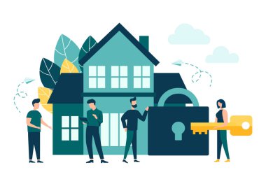 Anahtar gayrimenkul ve kira, ev alımı, güvenlik ve güvenlik. İzole edilmiş arkaplan, düz biçim vektör illüstrasyonu.