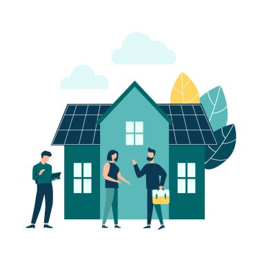 Yeşil enerji, çevre dostu ev. Güneş panellerinden ve yel değirmenlerinden gelen enerji, doğayı kurtarma kavramı.