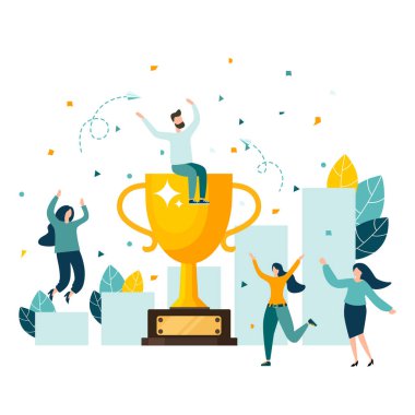 Altın kupa, zaferin sembolü, zaferi kutlayan takım. Modern düz biçim vektör illüstrasyonu.