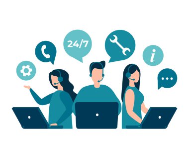 Müşteri hizmetleri, yardım hattı operatörleri müşterilere tavsiye eder. 24 7 global online teknik destek, çağrı merkezi, işleme sistemi. Vektör izole EPS 10 .