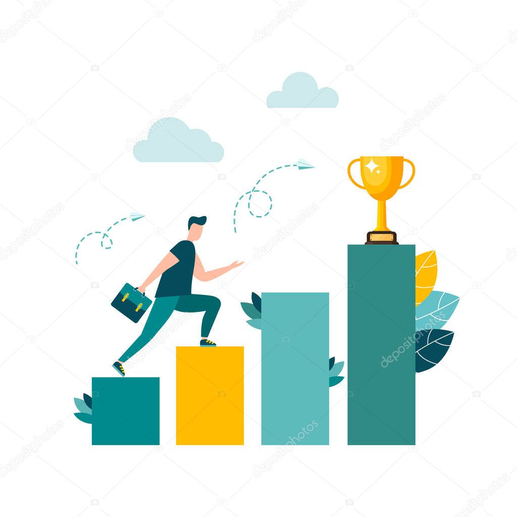 Businessmen move up the ladder to the goal in the form of a gold cup, career planning, the path to the goal. Vector illustration isolated background. motivation