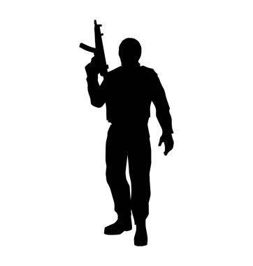 Asker siluetleri. Özel amaçlı birlikler, asker bir muhafız taşıyor. Sınırdaki korucu. Özel Kuvvetler mürettebatı siyah izole vektör