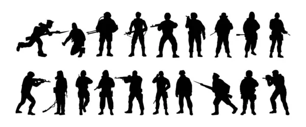 Des Silhouettes Soldats Forces Spéciales Militaires Armés Soldat Monte Garde — Image vectorielle