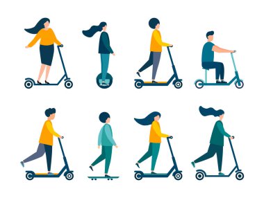 İnsanlar scooter kullanıyor. Modern illüstrasyon. Düz vektör. Beyaz arkaplanda izole
